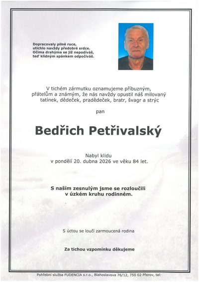 Smuteční oznámení – Bedřich Petřivalský