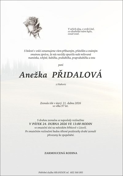 Smuteční oznámení – Anežka Přidalová