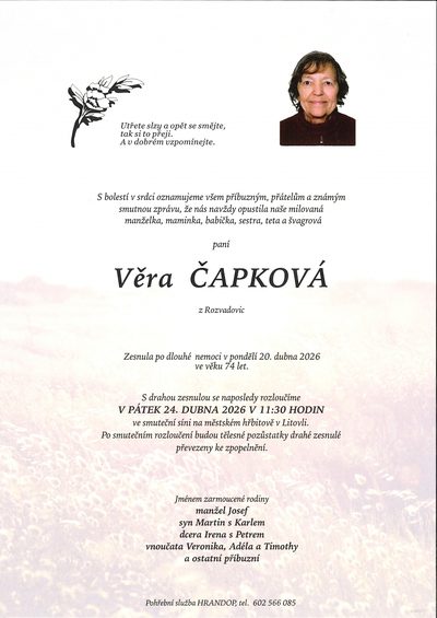 Smuteční oznámení – Věra Čapková