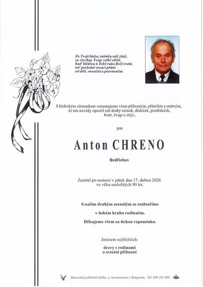 Smuteční oznámení – Anton Chreno