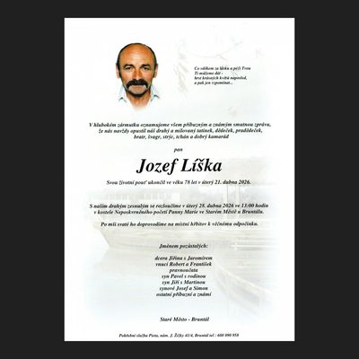 Smuteční oznámení – Jozef Líška