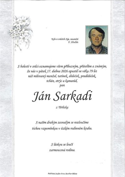 Smuteční oznámení – Ján Sarkadi