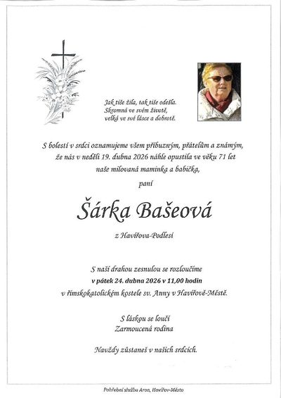 Smuteční oznámení – Sárka Bašeová