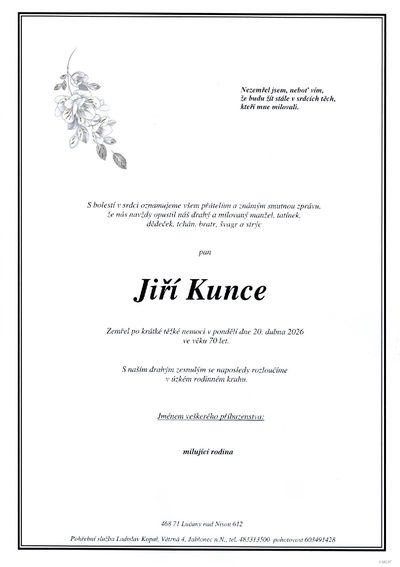 Smuteční oznámení – Jiří Kunce