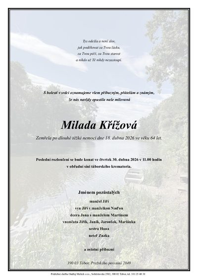 Smuteční oznámení – Milada Křížová