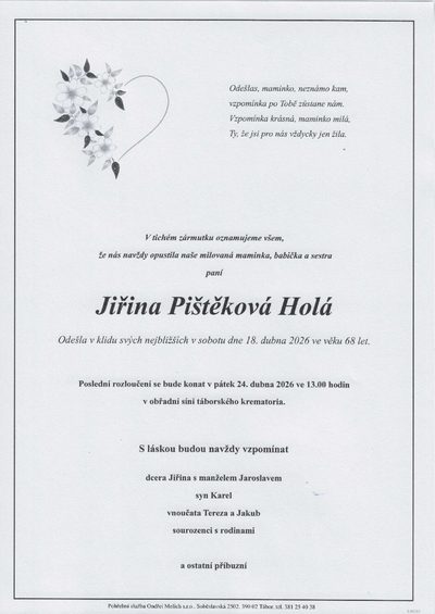 Smuteční oznámení – Jiřina Pištěková Holá