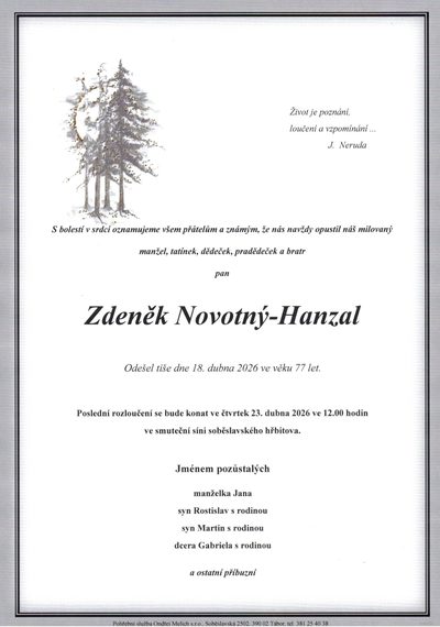 Smuteční oznámení – Zdeněk Novotný-Hanzal