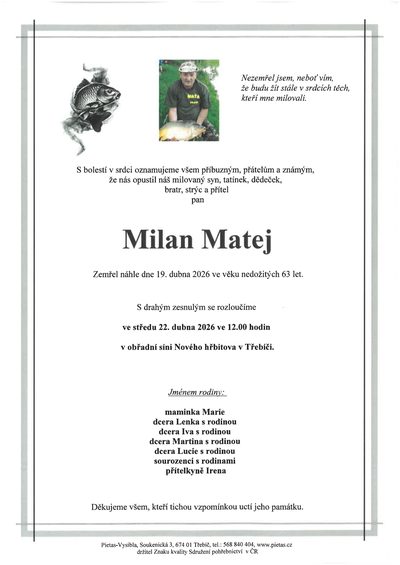 Smuteční oznámení – Milan Matej