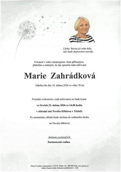 Smuteční oznámení – Marie Zahrádková