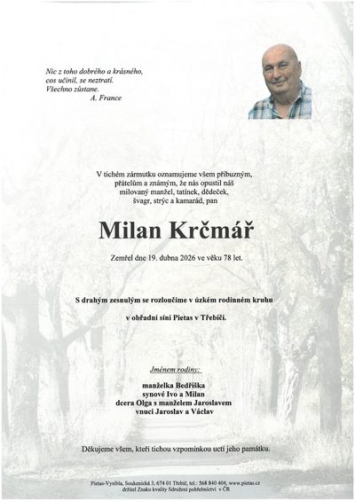 Smuteční oznámení – Milan Krčmář
