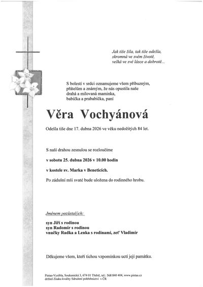 Smuteční oznámení – Věra Vochyánová
