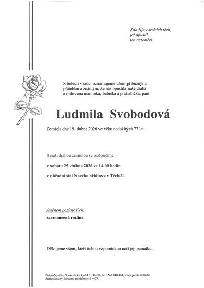 Smuteční oznámení – Ludmila Svobodová