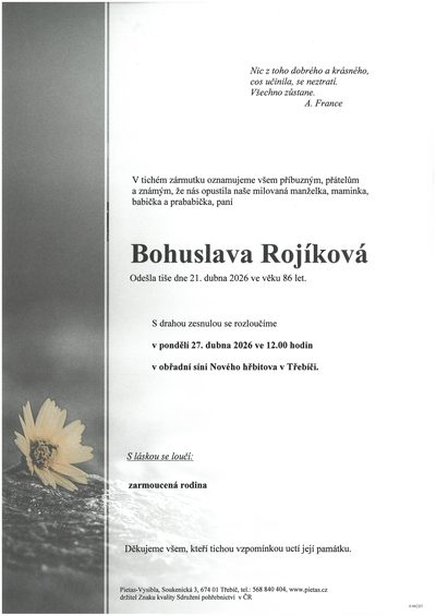 Smuteční oznámení – Bohuslava Rojíková