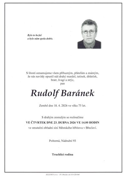 Smuteční oznámení – Rudolf Baránek