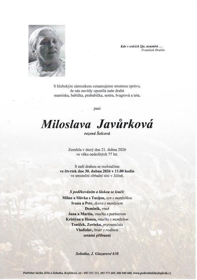 Smuteční oznámení – Miloslava Javůrková