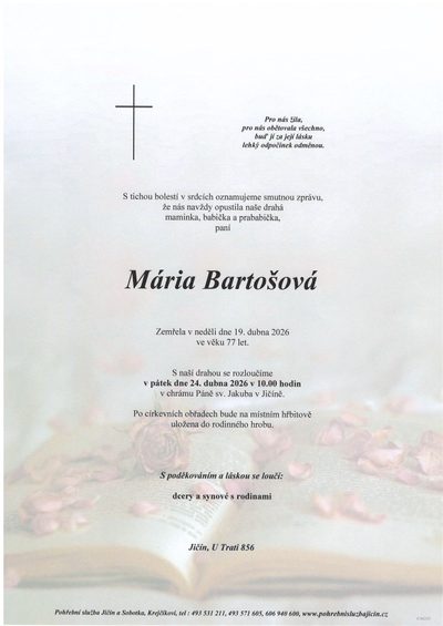 Smuteční oznámení – Mária Bartošová