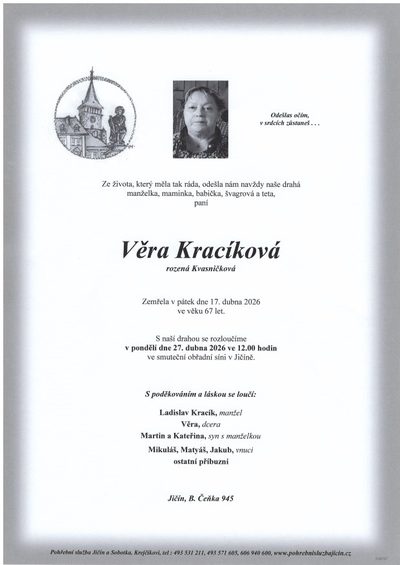 Smuteční oznámení – Věra Kraciková