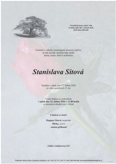 Smuteční oznámení – Stanislava Sitová