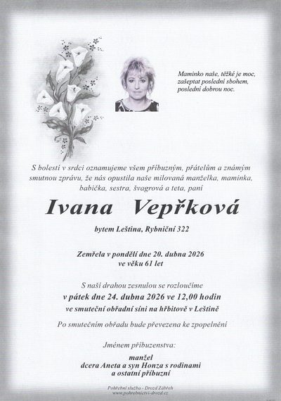 Smuteční oznámení – Ivana Vepřková