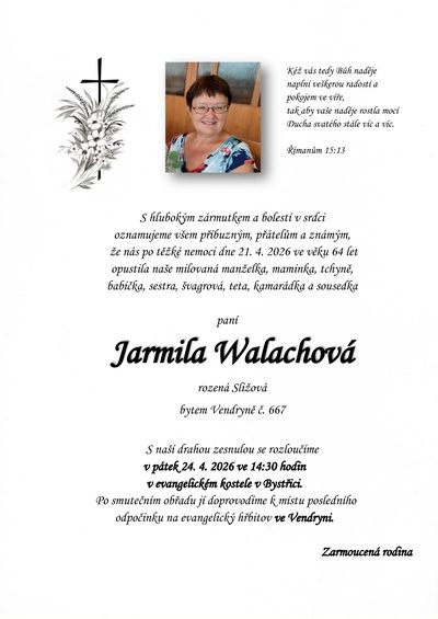 Smuteční oznámení – Jarmila Walachová