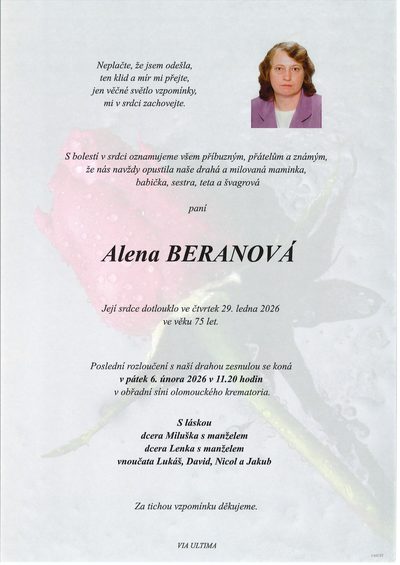 Smuteční oznámení – Alena Beranová
