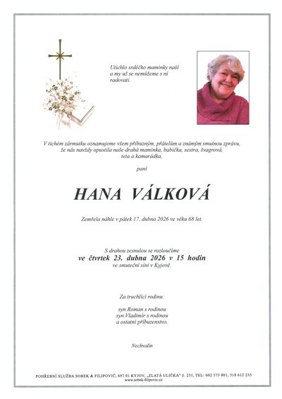 Smuteční oznámení – Hana Válková