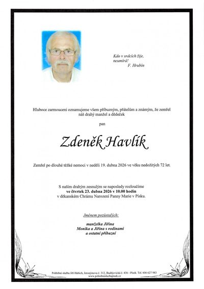 Smuteční oznámení – Zdeněk Jfavlí