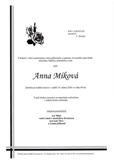Smuteční oznámení – Anna Míková