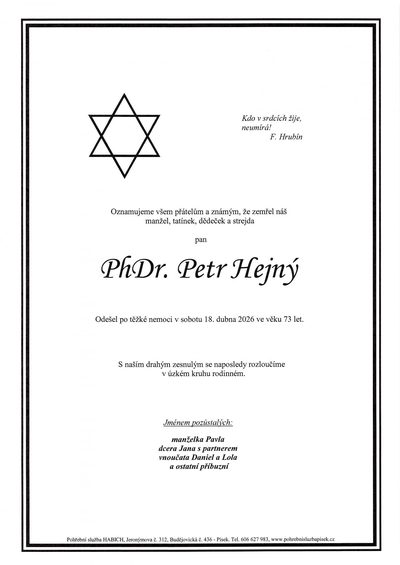 Smuteční oznámení – Petr Hejný