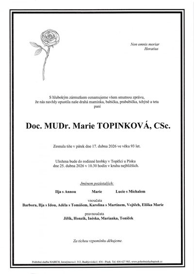 Smuteční oznámení – Marie Topinková