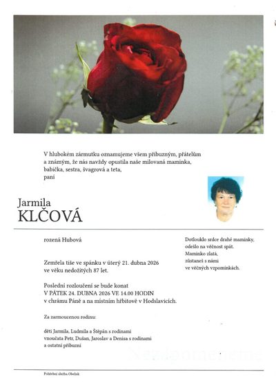 Smuteční oznámení – Jarmila Klcova