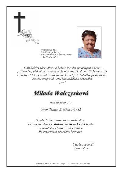 Smuteční oznámení – Milada Walczysková