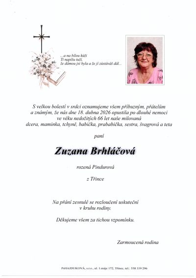 Smuteční oznámení – Zuzana Brhláčová