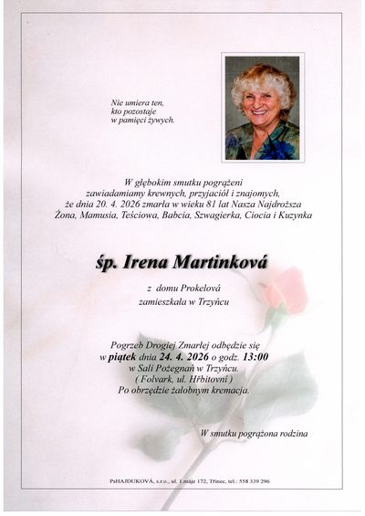 Smuteční oznámení – Irena Martinková