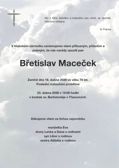 Smuteční oznámení – Břetislav Maceček