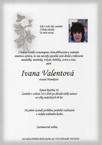 Smuteční oznámení – Ivana Valentová
