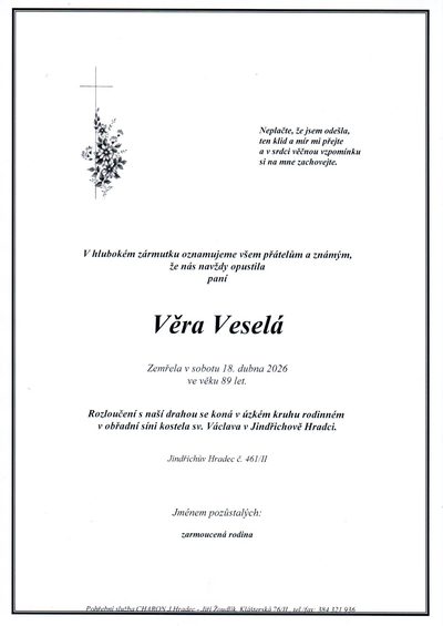 Smuteční oznámení – Véra Veselá