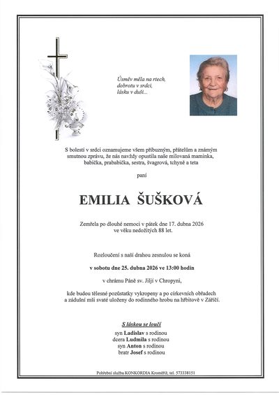 Smuteční oznámení – Emilia Šušková