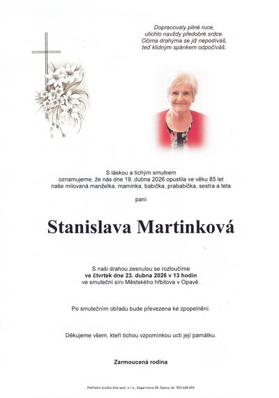 Smuteční oznámení – Stanislava Martinková