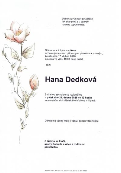 Smuteční oznámení – Hana Dedková