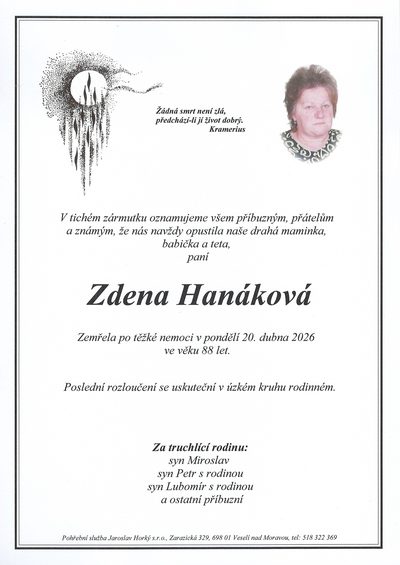 Smuteční oznámení – Zdena Hanáková