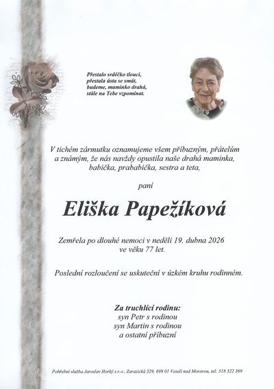 Smuteční oznámení – Eliška Papežíková