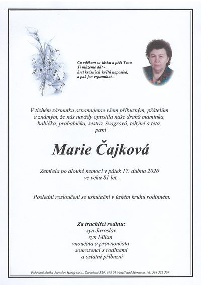 Smuteční oznámení – Marie Čajková