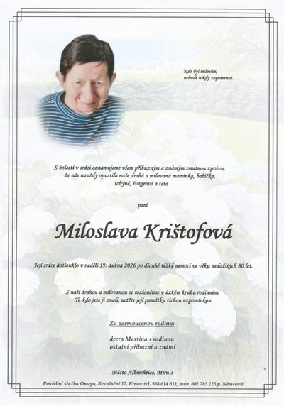 Smuteční oznámení – Miloslava Krištofová