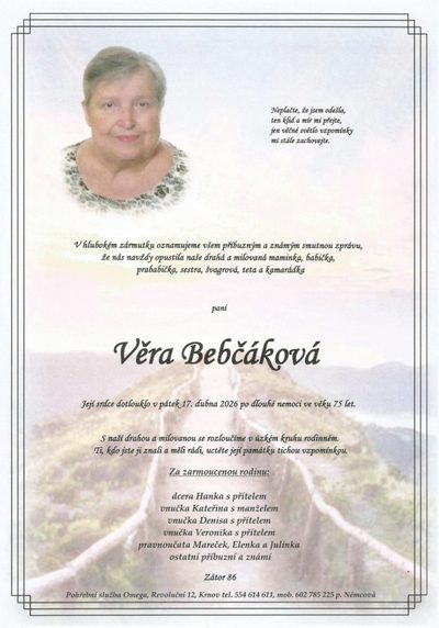 Smuteční oznámení – Věra Bebčáková