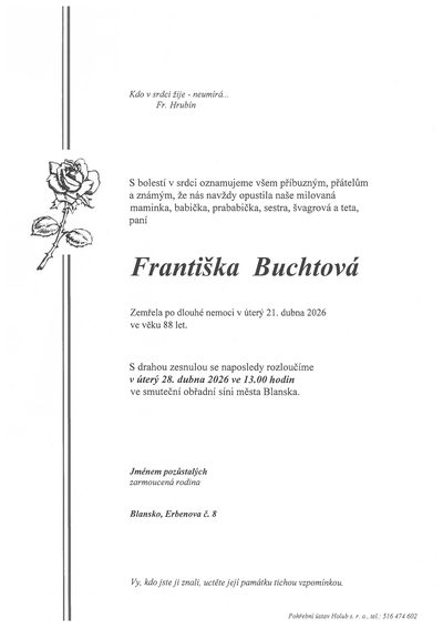 Smuteční oznámení – Františka Buchtová