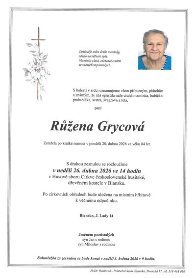 Smuteční oznámení – Růžena Grycová