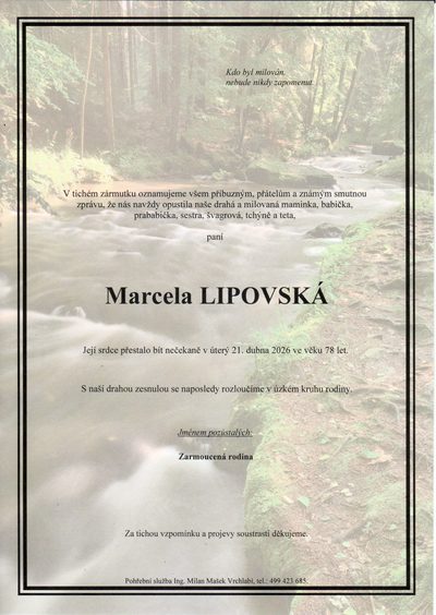 Smuteční oznámení – Marcela Lipovská
