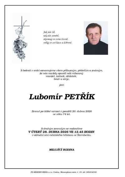Smuteční oznámení – Lubomír Petřík