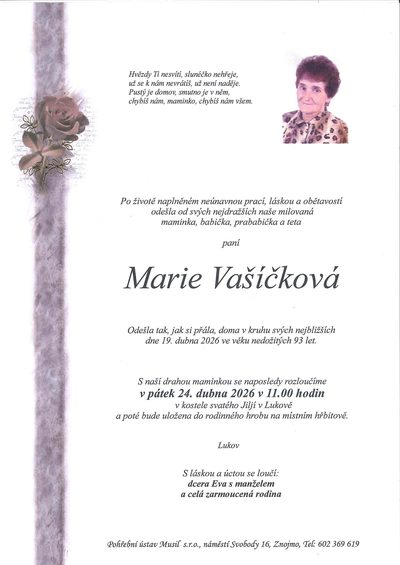 Smuteční oznámení – Marie Vašíčková